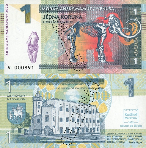 1 Koruna 2020 UNC Moraviansky mamut a Venuša séria V - červená perforovaná