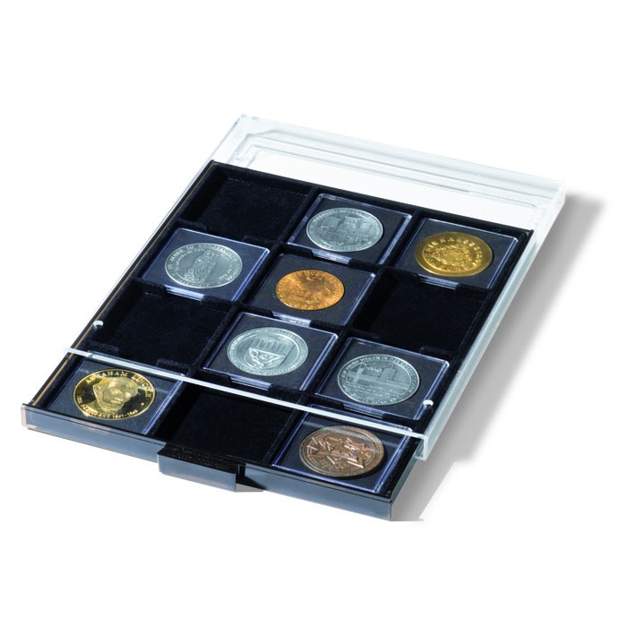Mincový box MB na QUADRUM, 12 štvorcových otvorov 67 x 67 mm, dymový, čierna výplň (MBQ67S)
