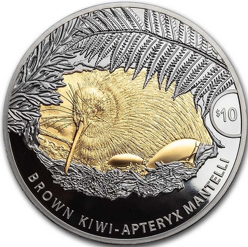 10 Dollars 2021 Nový Zéland PROOF 5 Oz Ag Brown Kiwi