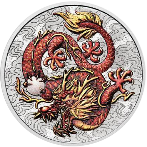 Dollar 2021 Austrália BU farbená 1 Oz Ag, Chinese Myths and Legends: Dragon