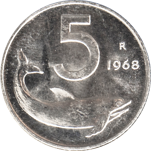 5 Lira 1968 Taliansko ob.UNC Delfín