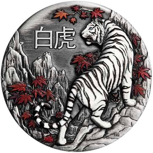 2 Dollars 2022 Tuvalu BU patinované farbené 2 Oz Ag White Tiger