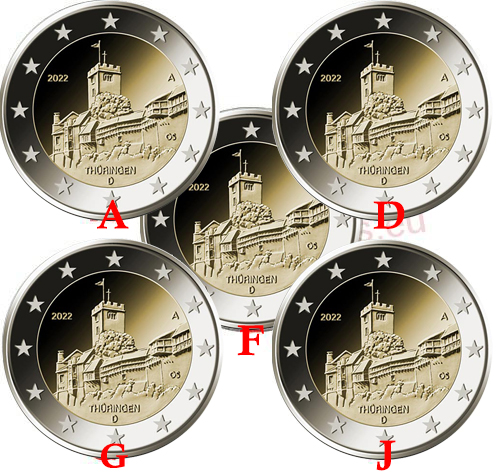 5 x 2 euro 2022 ADFGJ  Nemecko cc.UNC Thüringen
