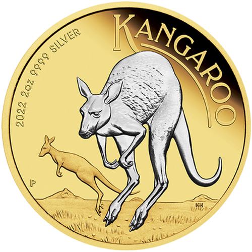 2 Dollars 2022 Austrália PROOF 2 Oz Ag gilded Kangaroo