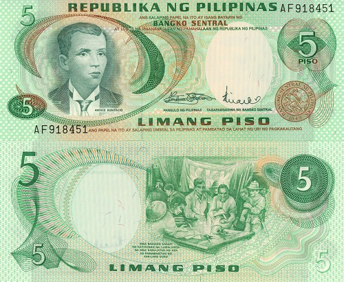 5 Piso 1970 Filipíny UNC séria AF
