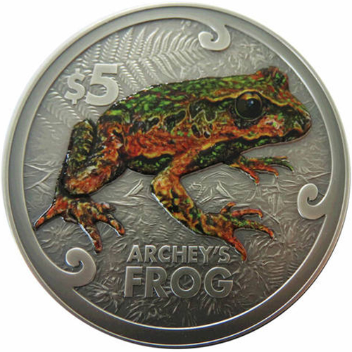 5 Dollars 2022 Nový Zéland BU Antique farbená 2 Oz Ag Archey's Frog
