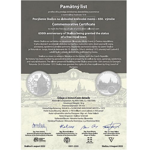Pamätný list 2022, Povýšenie Skalice na slobodné kráľovské mesto