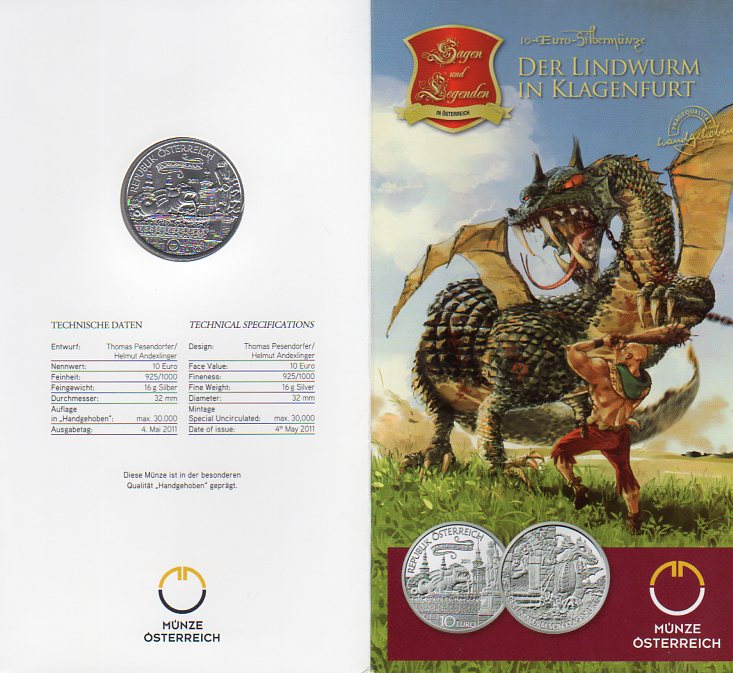 10 euro  2011 Rakúsko BU Der Lindwurm in Klagenfurt