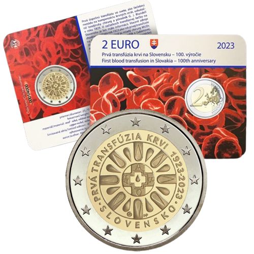 2 euro 2023 Slovensko UNC karta Prvá transfúzia krvi na Slovensku
