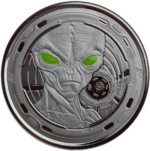 5 Cedis 2022 Ghana PROOF Black Rhodium 1 Oz Ag Alien (Y:3:4)