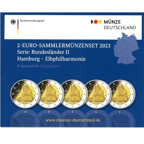 5 x 2 euro 2023 ADFGJ Nemecko cc.PROOF blister Hamburg