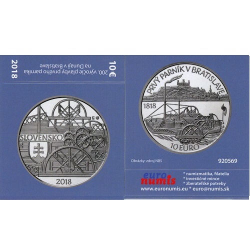 Papierový prebal na 10 euro 2018 Slovensko PROOF Plavba prvého parníka na Dunaji