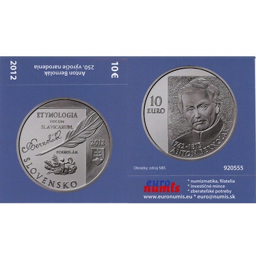 Papierový prebal na 10 euro 2012 Slovensko PROOF Anton Bernolák