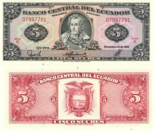 5 Sucres 1988 Ekvádor UNC séria IC
