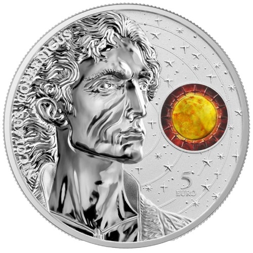 5 euro 2023 Malta BU karta farbená 1 Oz Ag, Mikuláš Kopernik