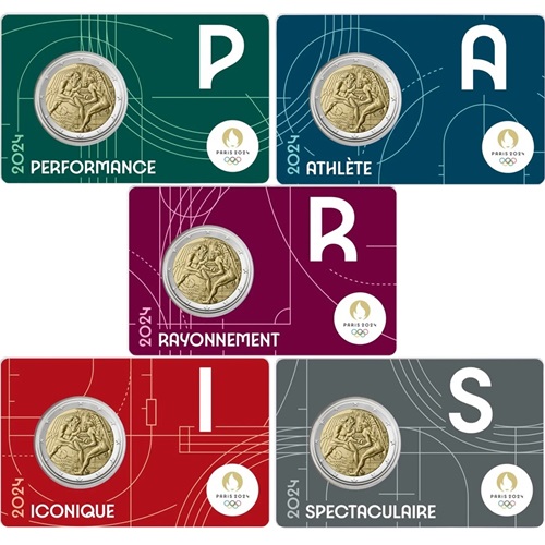 SET 5 x 2 euro 2024 Francúzsko cc.BU karta OH 2024 Hercules