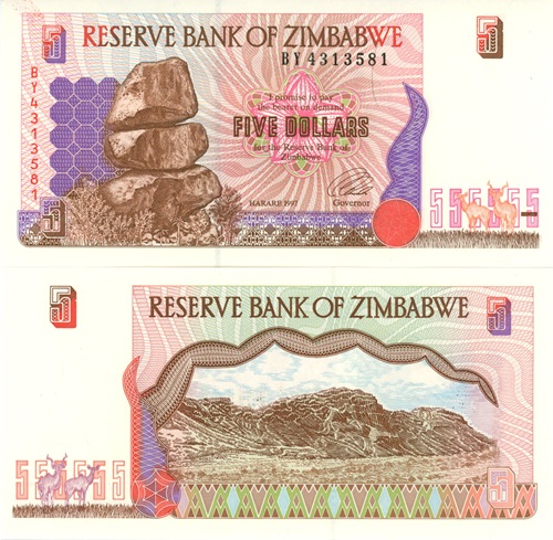 5 Dollars 1997 Zimbabwe UNC, séria BY