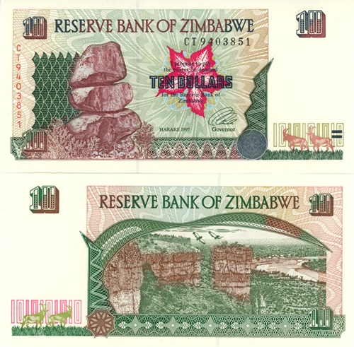 10 Dollars 1997 Zimbabwe UNC, séria CT