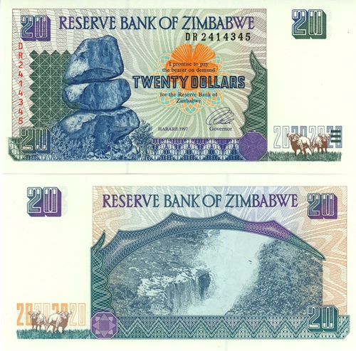 20 Dollars 1997 Zimbabwe UNC, séria DR