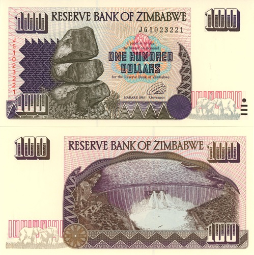 100 Dollars 1995 Zimbabwe UNC, séria JG