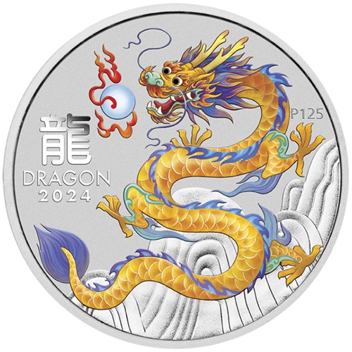 Dollar 2024 Austrália BU karta farbená 1 Oz Ag Lunar III.- Yellow Dragon (Melbourne Special)
