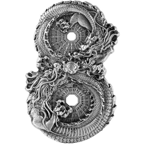 15 000 Francs 2024 Čad BU High Relief Antiqued 3 Oz Ag Figure 8 Dragons