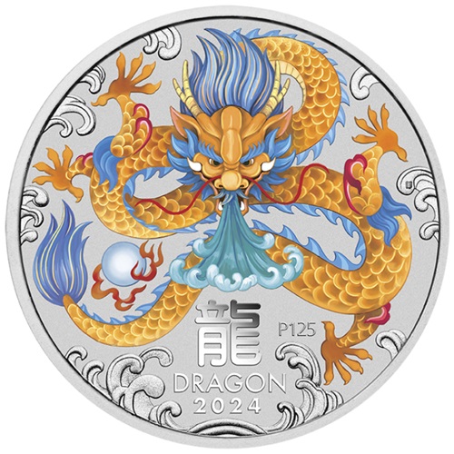 50 Cents 2024 Austrália BU farbená 1/2 Oz Ag, Lunar III. - Year of the Dragon
