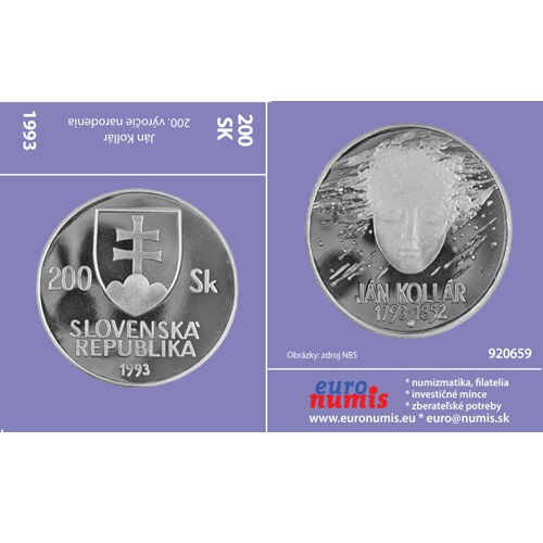 Papierový prebal na 200 korún 1993 Slovensko PROOF, Ján Kollár