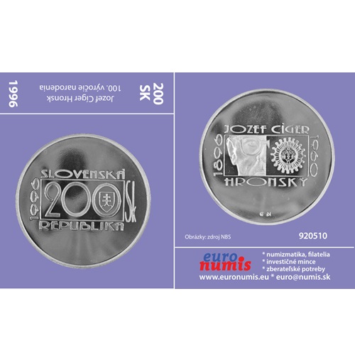 Papierový prebal na 200 korún 1996 Slovensko PROOF, Jozef Cíger Hronský