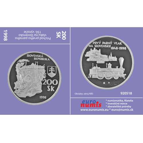 Papierový prebal na 200 korún 1998 Slovensko PROOF, prvý parný vlak