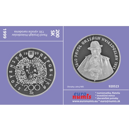 Papierový prebal na 200 korún 1999 Slovensko PROOF Pavol Országh Hviezdoslav