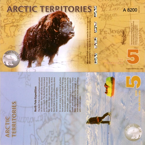 5 Polar Dollars 2012 Arktída UNC séria A (suvenírová bankovka)