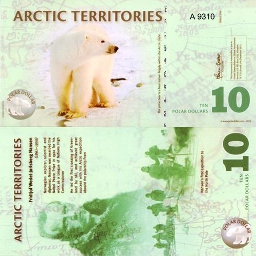 10 Polar Dollars 2010 Arktída UNC séria A (suvenírová bankovka)