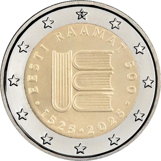 2 euro 2025 Estónsko cc.UNC, výročie prvého tlačeného textu v estónčine