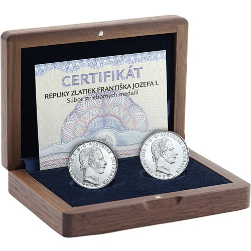 Strieborné medaily, repliky zlatiek Františka Jozefa I. - 2x 1/4 gulden (1858,1859)