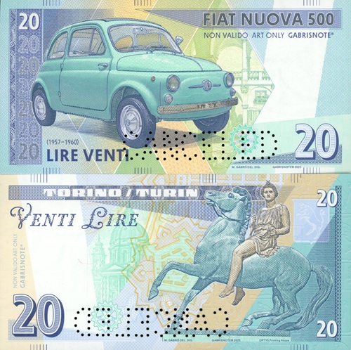 20 Lire 2025 UNC Fiat Nuova 500 perforácia CANCELED
