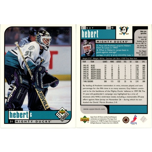 Hokejová kartička, UD Choice 1998-1999, Guy Hebert - PREVIEW