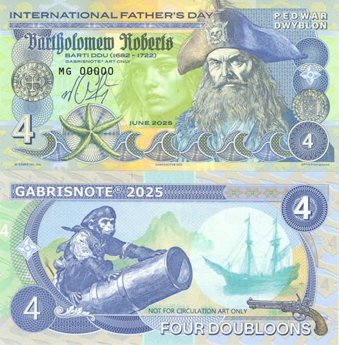 4 Doubloons 2025 UNC pirát Bartholomew Roberts séria MG - anulát s podpisom autora