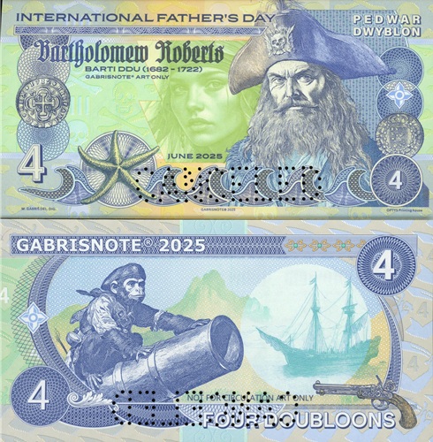 4 Doubloons 2025 UNC pirát Bartholomew Roberts perforácia CANCELED