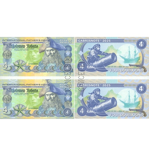 Arch 2 x 4 Doubloons 2025 UNC pirát Bartholomew Roberts perforácia CANCELED