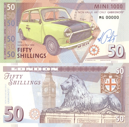 50 Shillings 2025 UNC Mini Cooper 500 séria MG anulát s podpisom autora