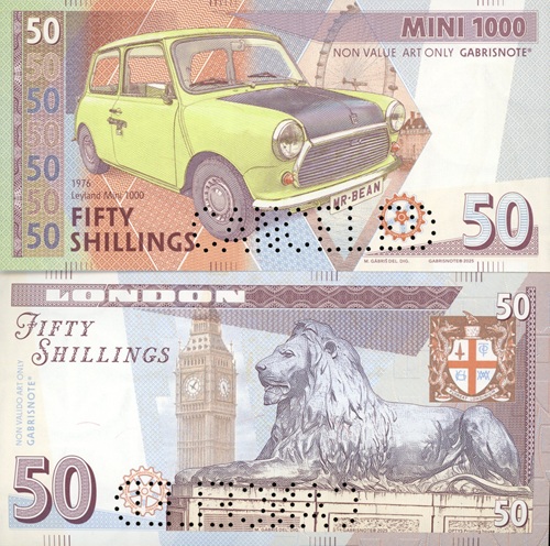 50 Shillings 2025 UNC Mini Cooper 500 perforácia CANCELED
