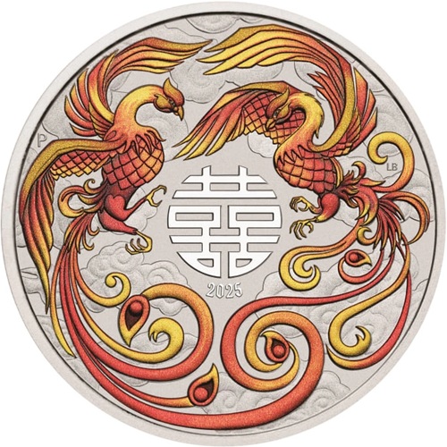 Dollar 2025 Austrália BU farbená 1 Oz Ag, Double Phoenix (Red-Gold)