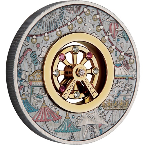 2 Dollars 2025 Tuvalu BU Antiqued farbená 2 Oz Ag, Ferris Wheel