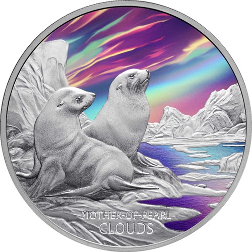 Dollar 2025 Tuvalu PROOF farbená 1 Oz Ag, Mother of Pearl Clouds