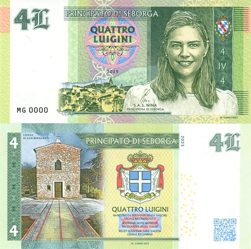 4 Luiginy 2025 Seborga UNC S.A.S. NINA Principessa di Seborga séria MG anulát 