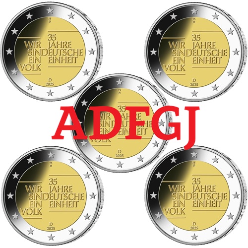 5 x 2 euro 2025 ADFGJ Nemecko cc.UNC 35 rokov nemeckej jednoty