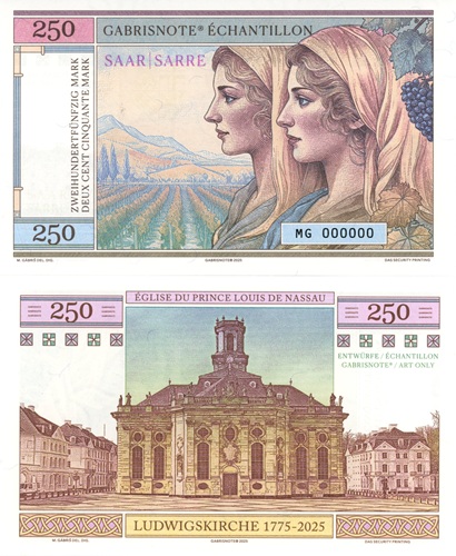 250 Mark 2025 UNC Saar Sarre séria MG anulát (variant A)
