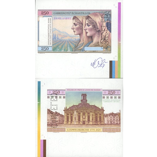 250 Mark 2025 UNC Saar Sarre perforácia CANCELED s podpisom autora (variant A)