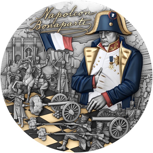 5 Dollars 2025 Niue BU farbená High Relief Antiqued 2 Oz Ag, Napoleon Bonaparte